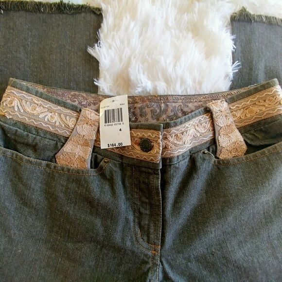 Tracy Reese Boho Paisley Jeans Olive W/ Gold Brocade Paisley RARE  VINTAGE & NEW - Picture 3 of 6